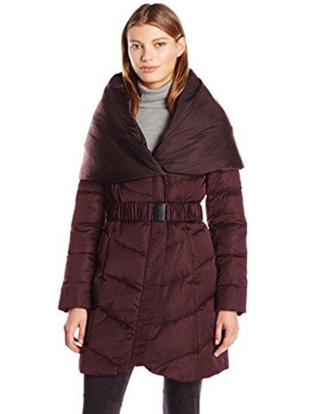 T Tahari Shawl Collar Down Puffer Coat Burgundy Belted Long Sleeve Women's S